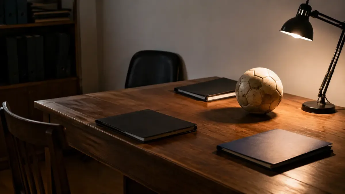 Escritorio con una pelota en la oficina de dirigencia de un club.
