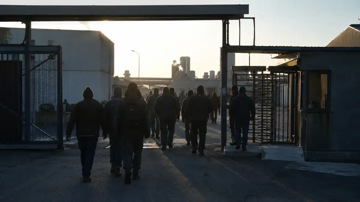 Trabajadores de espaldas entrando a una fábrica en el cambio de turno
